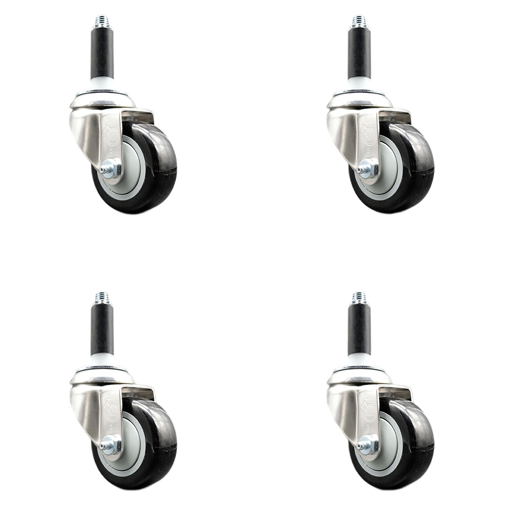 Polyurethane Swivel Stem Caster Set of 4 with 3 Inch Black Caster Wheels - 7/8" Expanding Stems - 316 Stainless Steel Casters - Includes 4 Swivel Casters - Service Caster Brand — photo 1