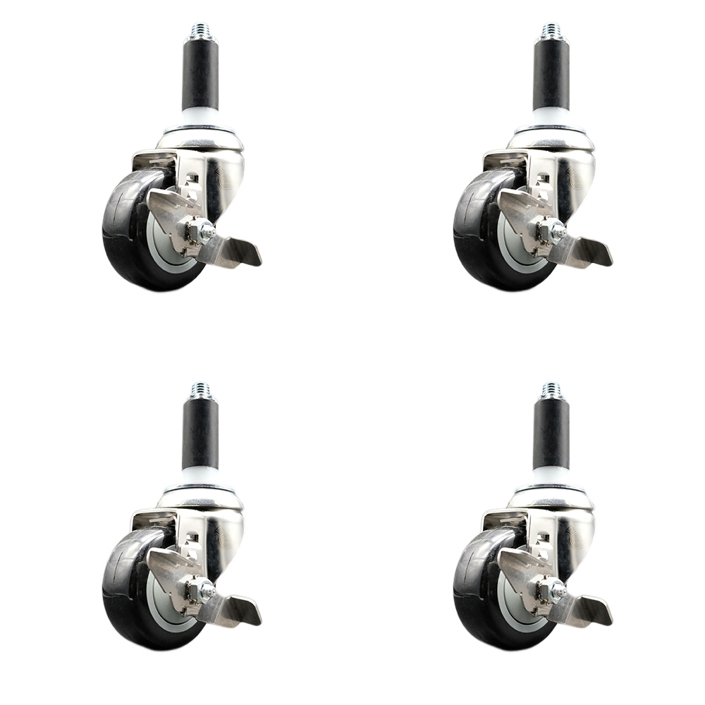 Polyurethane Swivel Stem Caster Set of 4 with 3 Inch Black Caster Wheels - 1" Expanding Stems - 316 Stainless Steel Casters - Includes 4 Swivel Casters with Top Lock Brakes - Service Caster Brand — photo 1