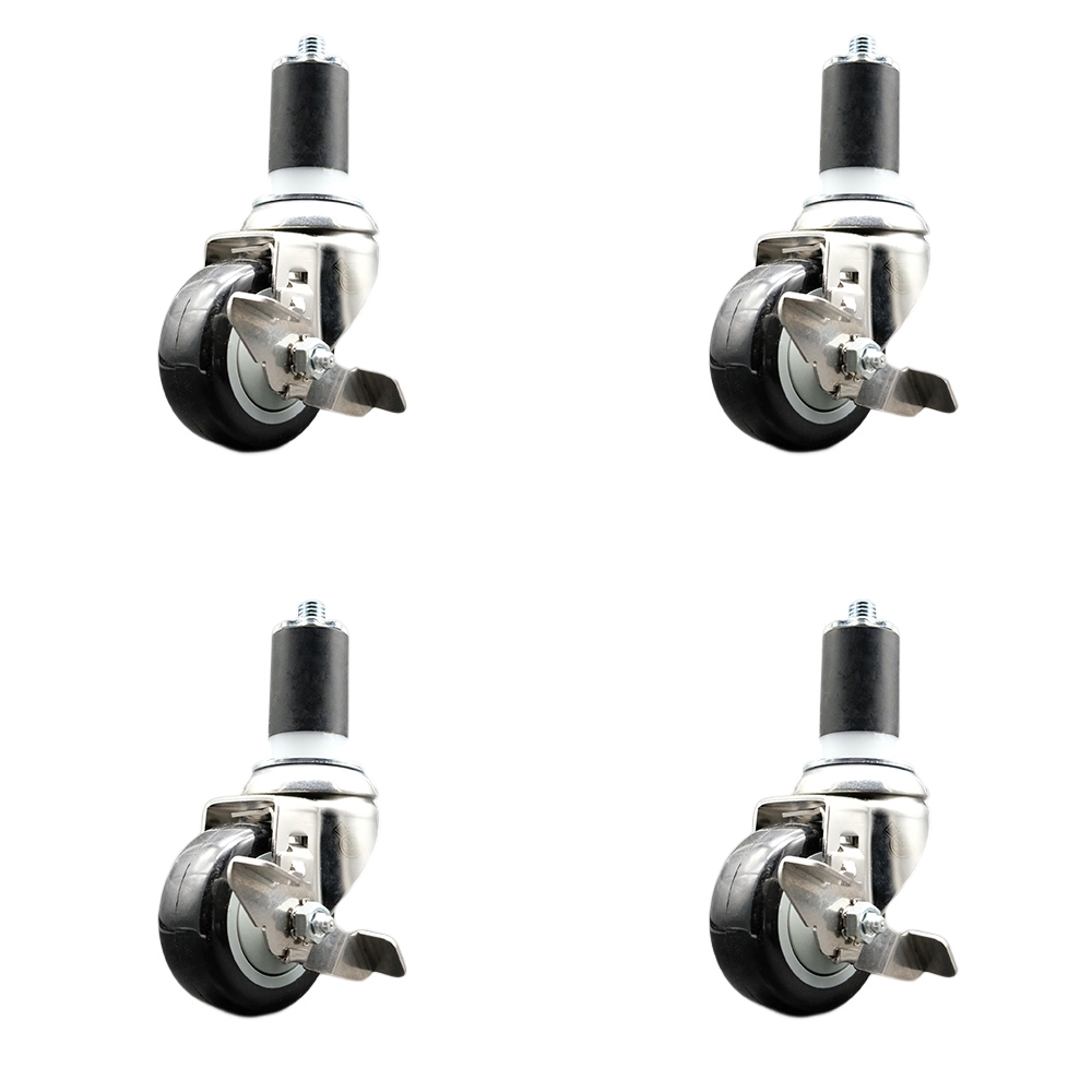 Polyurethane Swivel Stem Caster Set of 4 with 3 Inch Black Caster Wheels - 1-1/2" Expanding Stems - 316 Stainless Steel Casters - Includes 4 Swivel Casters with Top Lock Brakes - Service Caster Brand — photo 1