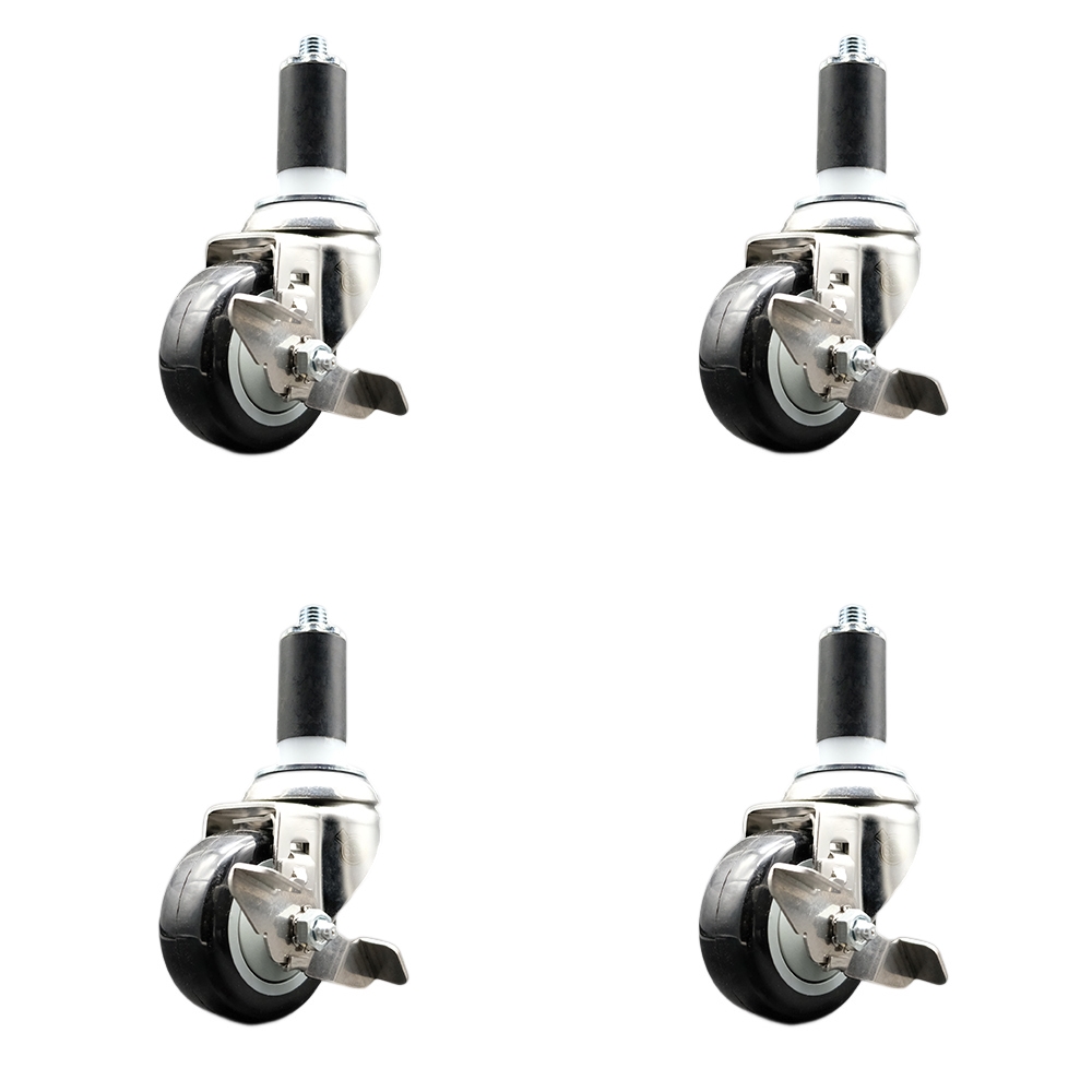 Polyurethane Swivel Stem Caster Set of 4 with 3 Inch Black Caster Wheels - 1-1/4" Expanding Stems - 316 Stainless Steel Casters - Includes 4 Swivel Casters with Top Lock Brakes - Service Caster Brand — photo 1