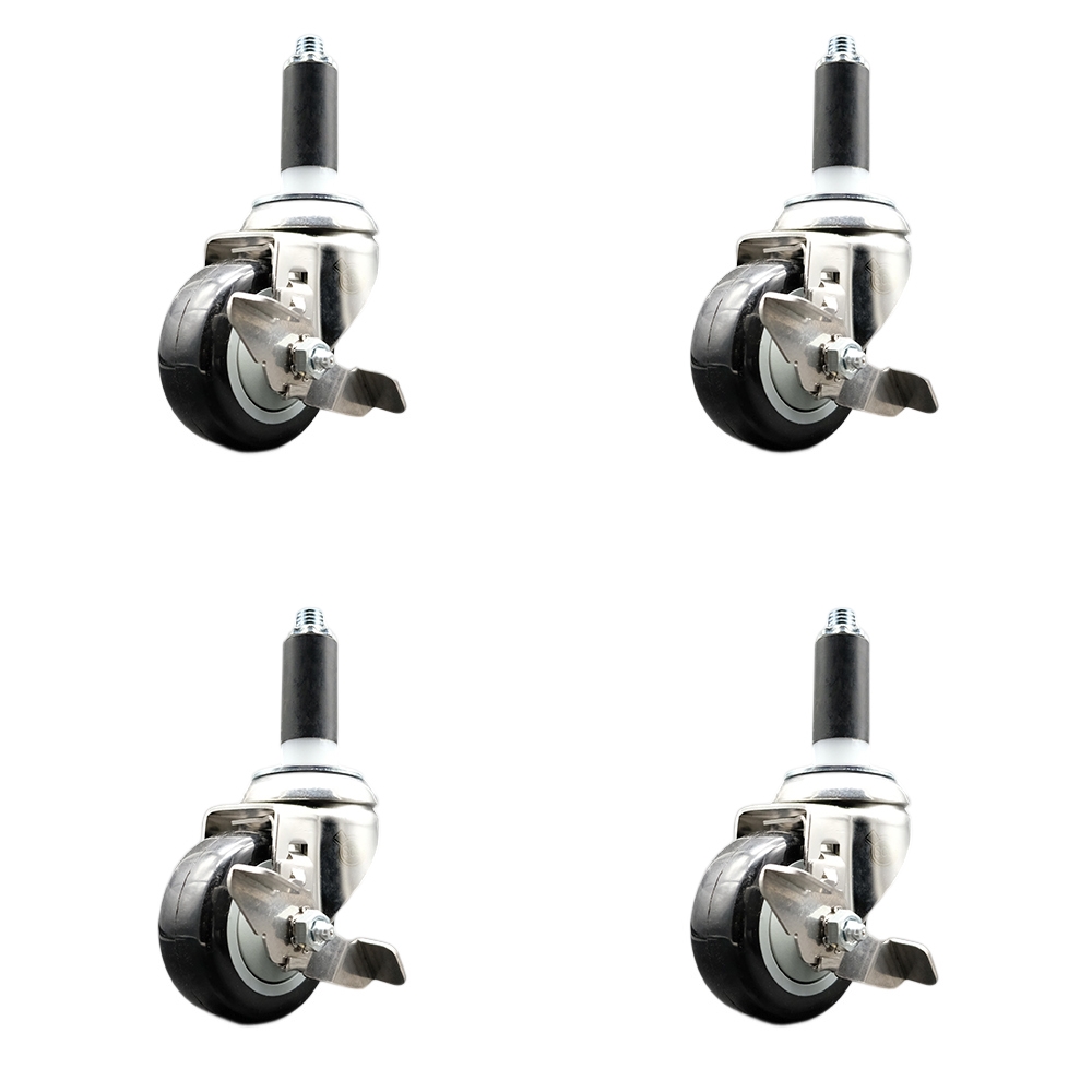 Polyurethane Swivel Stem Caster Set of 4 with 3 Inch Black Caster Wheels - 1-1/8" Expanding Stems - 316 Stainless Steel Casters - Includes 4 Swivel Casters with Top Lock Brakes - Service Caster Brand — photo 1