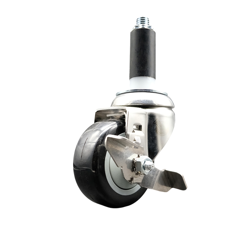 Polyurethane Swivel Stem Caster with 3 Inch Black Caster Wheel and Top Lock Brake - 1-1/8" Expanding Stem - 316 Stainless Steel Caster - 300 lbs. Capacity Per Caster - Service Caster Brand — photo 1
