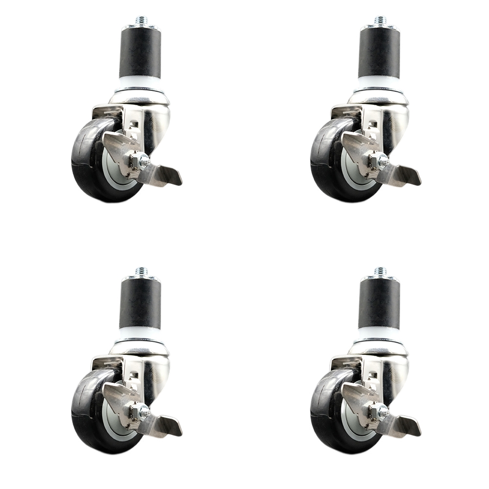 Polyurethane Swivel Stem Caster Set of 4 with 3 Inch Black Caster Wheels - 1-3/4" Expanding Stems - 316 Stainless Steel Casters - Includes 4 Swivel Casters with Top Lock Brakes - Service Caster Brand — photo 1