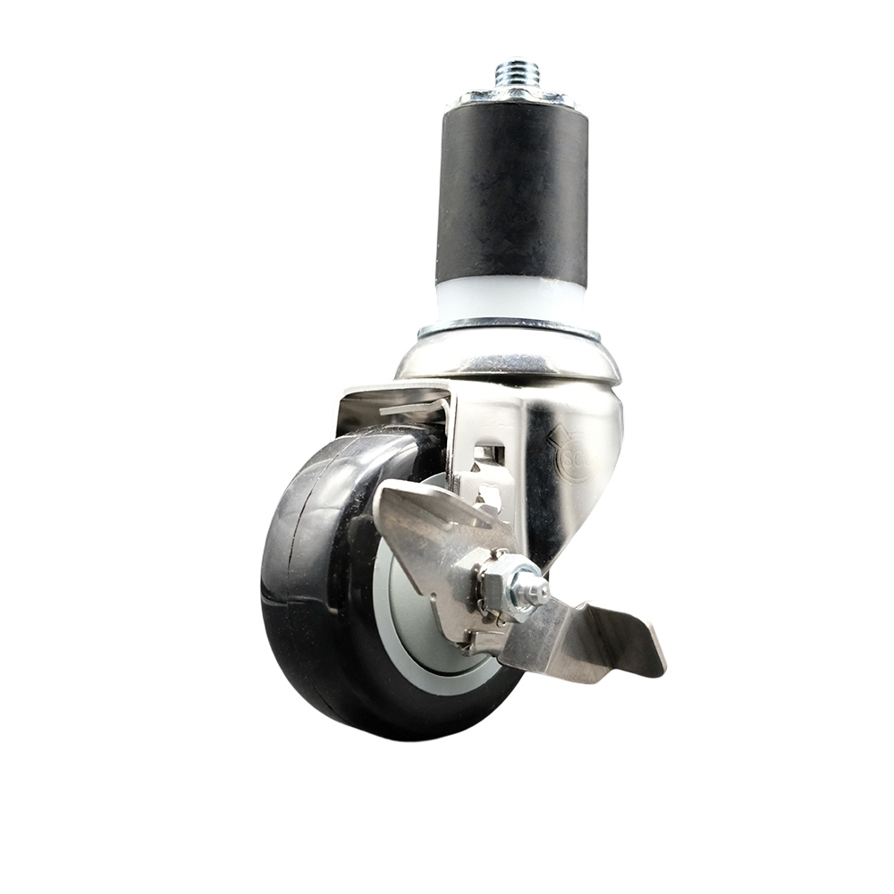 Polyurethane Swivel Stem Caster with 3 Inch Black Caster Wheel and Top Lock Brake - 1-3/4" Expanding Stem - 316 Stainless Steel Caster - 300 lbs. Capacity Per Caster - Service Caster Brand — photo 1