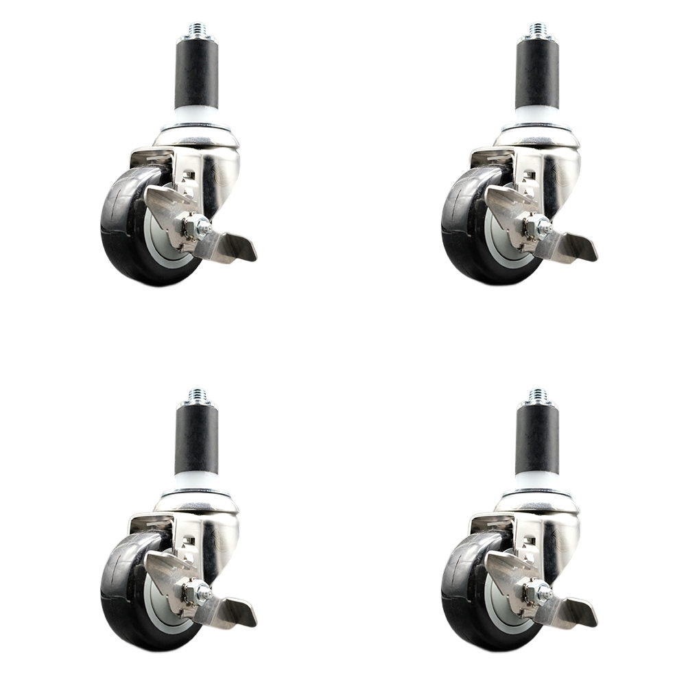 Polyurethane Swivel Stem Caster Set of 4 with 3 Inch Black Caster Wheels - 1-3/8" Expanding Stems - 316 Stainless Steel Casters - Includes 4 Swivel Casters with Top Lock Brakes - Service Caster Brand — photo 1