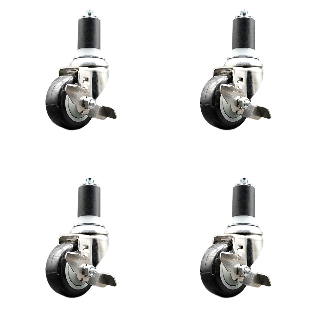 Polyurethane Swivel Stem Caster Set of 4 with 3 Inch Black Caster Wheels - 1-5/8" Expanding Stems - 316 Stainless Steel Casters - Includes 4 Swivel Casters with Top Lock Brakes - Service Caster Brand — photo 1
