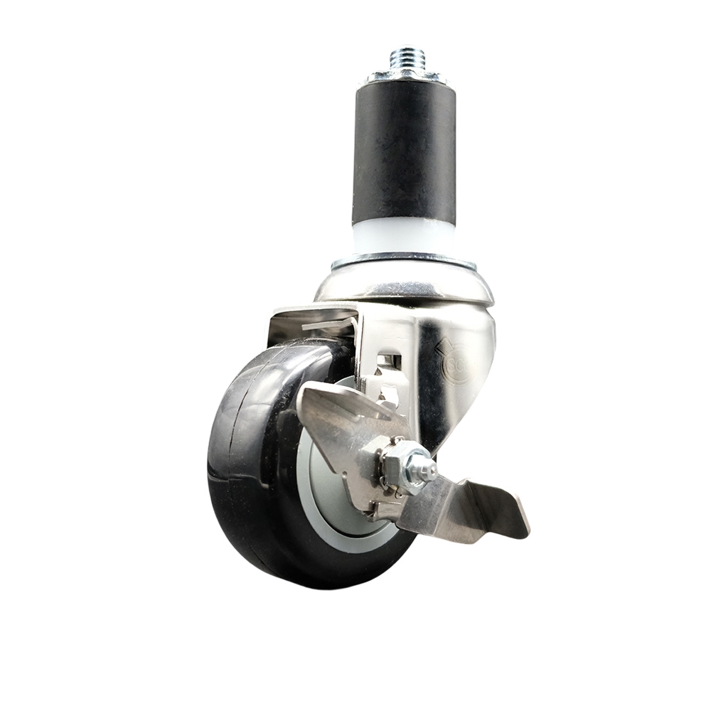 Polyurethane Swivel Stem Caster with 3 Inch Black Caster Wheel and Top Lock Brake - 1-5/8" Expanding Stem - 316 Stainless Steel Caster - 300 lbs. Capacity Per Caster - Service Caster Brand — photo 1