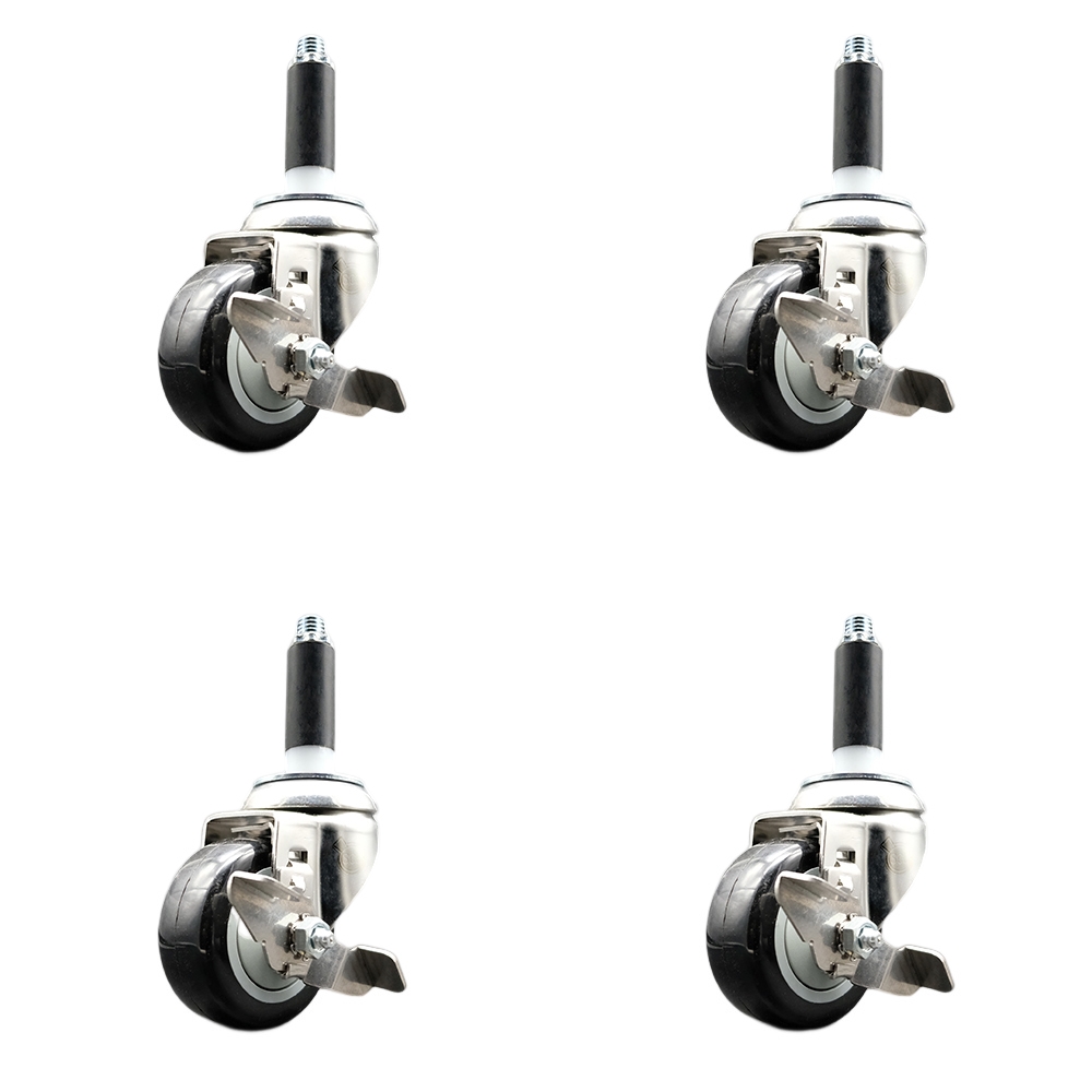 Polyurethane Swivel Stem Caster Set of 4 with 3 Inch Black Caster Wheels - 3/4" Expanding Stems - 316 Stainless Steel Casters - Includes 4 Swivel Casters with Top Lock Brakes - Service Caster Brand — photo 1