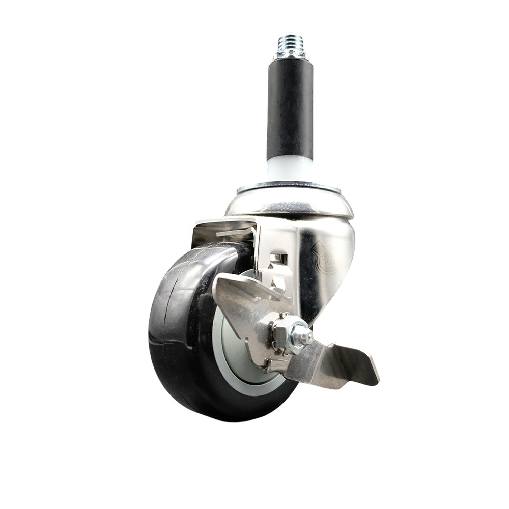 Polyurethane Swivel Stem Caster with 3 Inch Black Caster Wheel and Top Lock Brake - 3/4" Expanding Stem - 316 Stainless Steel Caster - 300 lbs. Capacity Per Caster - Service Caster Brand — photo 1