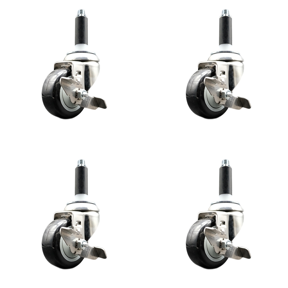 Polyurethane Swivel Stem Caster Set of 4 with 3.5 Inch Black Caster Wheels - 7/8" Expanding Stems - 316 Stainless Steel Casters - Includes 4 Swivel Casters with Top Lock Brakes - Service Caster Brand — photo 1