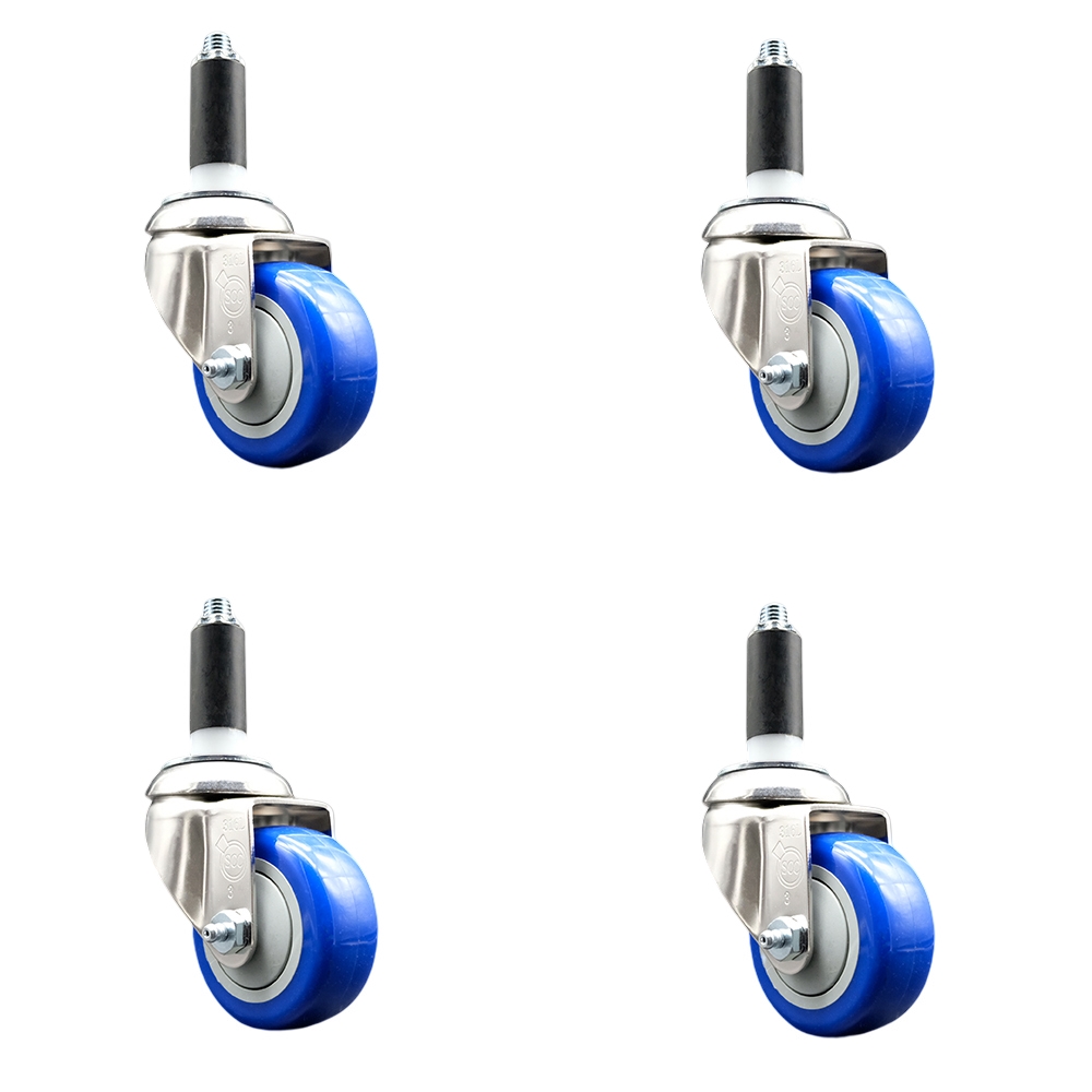 Polyurethane Swivel Stem Caster Set of 4 with 3.5 Inch Blue Caster Wheels - 1" Expanding Stems - 316 Stainless Steel Casters - Includes 4 Swivel Casters - Service Caster Brand — photo 1