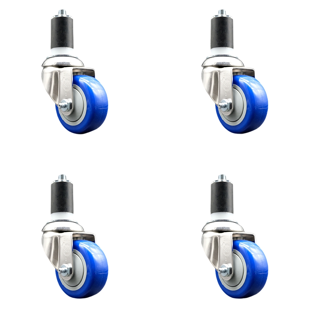 Polyurethane Swivel Stem Caster Set of 4 with 3 Inch Blue Caster Wheels - 1-1/2" Expanding Stems - 316 Stainless Steel Casters - Includes 4 Swivel Casters - Service Caster Brand — photo 1