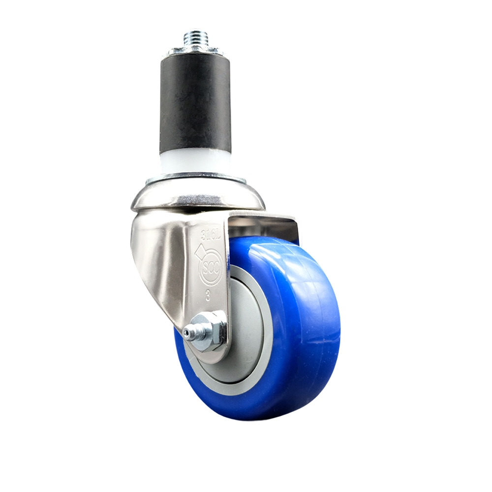 Polyurethane Swivel Stem Caster with 3 Inch Blue Caster Wheel - 1-1/2" Expanding Stem - 316 Stainless Steel Caster - 300 lbs. Capacity Per Caster - Service Caster Brand — photo 1