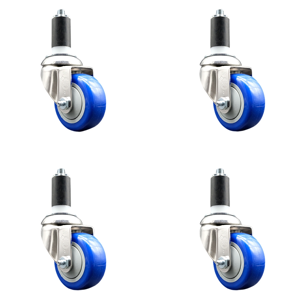 Polyurethane Swivel Stem Caster Set of 4 with 3 Inch Blue Caster Wheels - 1-1/4" Expanding Stems - 316 Stainless Steel Casters - Includes 4 Swivel Casters - Service Caster Brand — photo 1