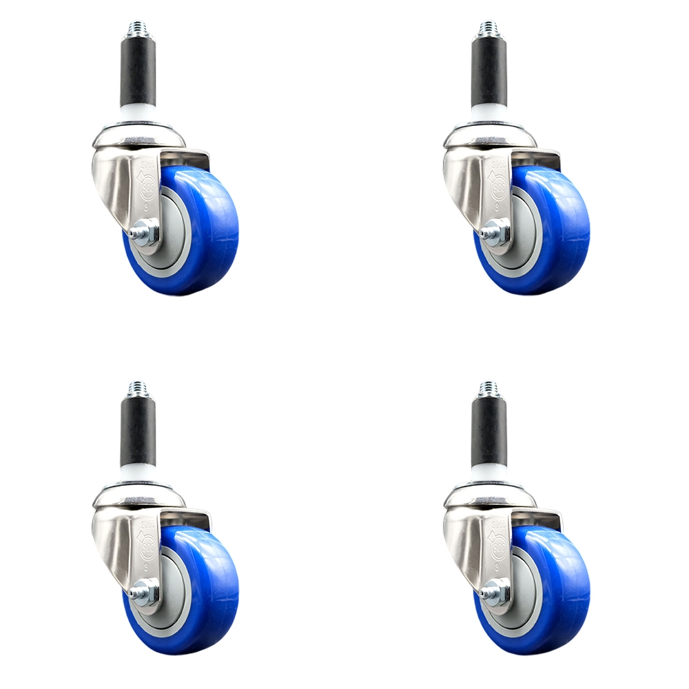Polyurethane Swivel Stem Caster Set of 4 with 3.5 Inch Blue Caster Wheels - 1-1/8" Expanding Stems - 316 Stainless Steel Casters - Includes 4 Swivel Casters - Service Caster Brand — photo 1