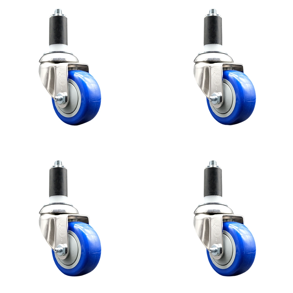 Polyurethane Swivel Stem Caster Set of 4 with 3.5 Inch Blue Caster Wheels - 1-3/8" Expanding Stems - 316 Stainless Steel Casters - Includes 4 Swivel Casters - Service Caster Brand — photo 1