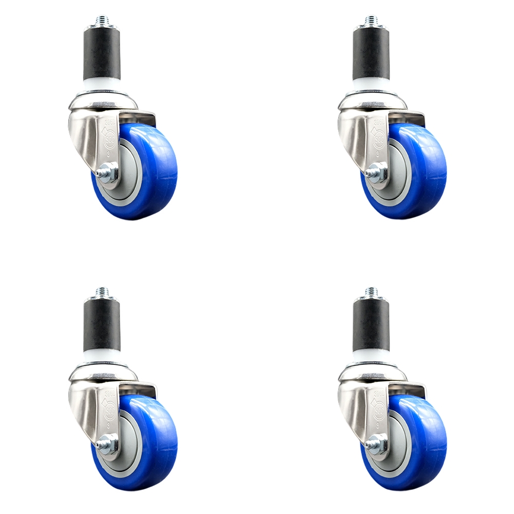 Polyurethane Swivel Stem Caster Set of 4 with 3.5 Inch Blue Caster Wheels - 1-5/8" Expanding Stems - 316 Stainless Steel Casters - Includes 4 Swivel Casters - Service Caster Brand — photo 1