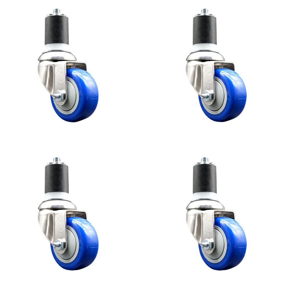 Polyurethane Swivel Stem Caster Set of 4 with 3.5 Inch Blue Caster Wheels - 1-7/8" Expanding Stems - 316 Stainless Steel Casters - Includes 4 Swivel Casters - Service Caster Brand — photo 1