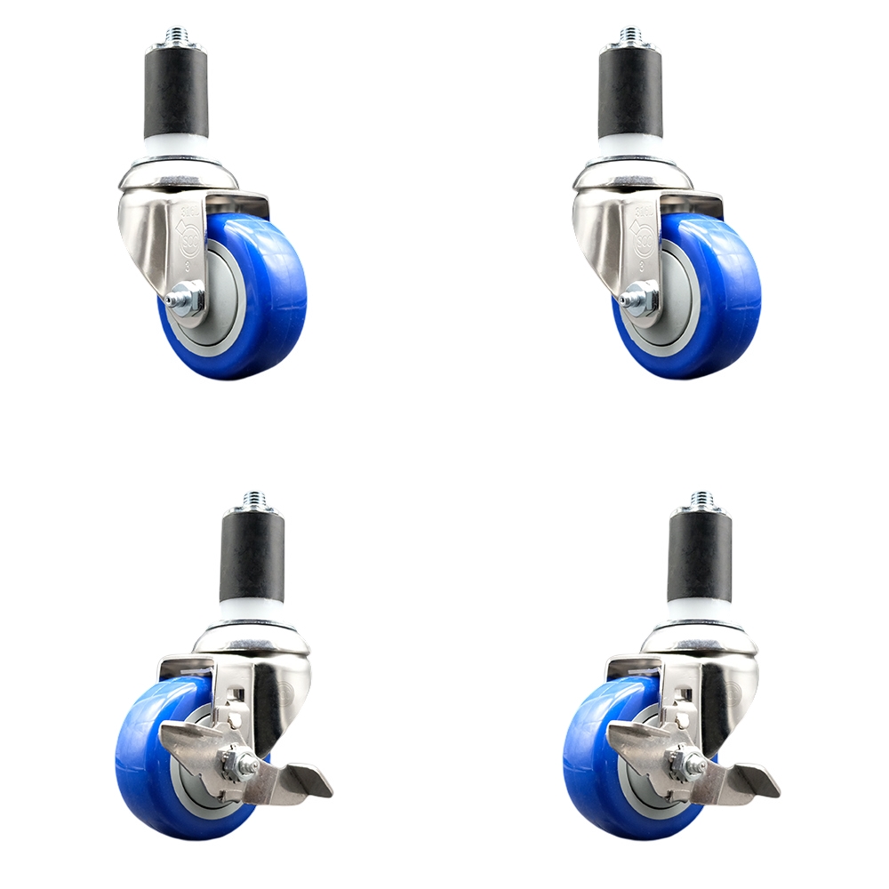 Polyurethane Swivel Stem Caster Set of 4 with 3.5 Inch Blue Caster Wheels - 1-1/2" Expanding Stems-316 Stainless Steel Casters-Includes 2 Swivel with Top Lock Brakes and 2 Swivel-Service Caster Brand — photo 1