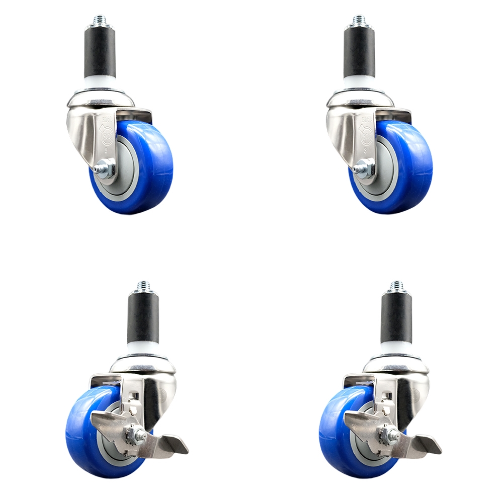 Polyurethane Swivel Stem Caster Set of 4 with 3.5 Inch Blue Caster Wheels - 1-1/4" Expanding Stems-316 Stainless Steel Casters-Includes 2 Swivel with Top Lock Brakes and 2 Swivel-Service Caster Brand — photo 1