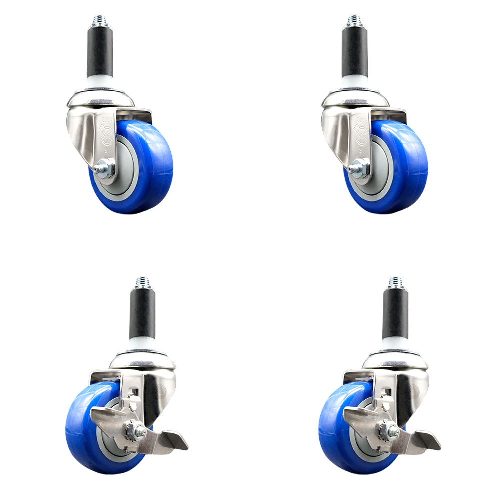 Polyurethane Swivel Stem Caster Set of 4 with 3 Inch Blue Caster Wheels - 1-1/8" Expanding Stems - 316 Stainless Steel Casters-Includes 2 Swivel with Top Lock Brakes and 2 Swivel-Service Caster Brand — photo 1