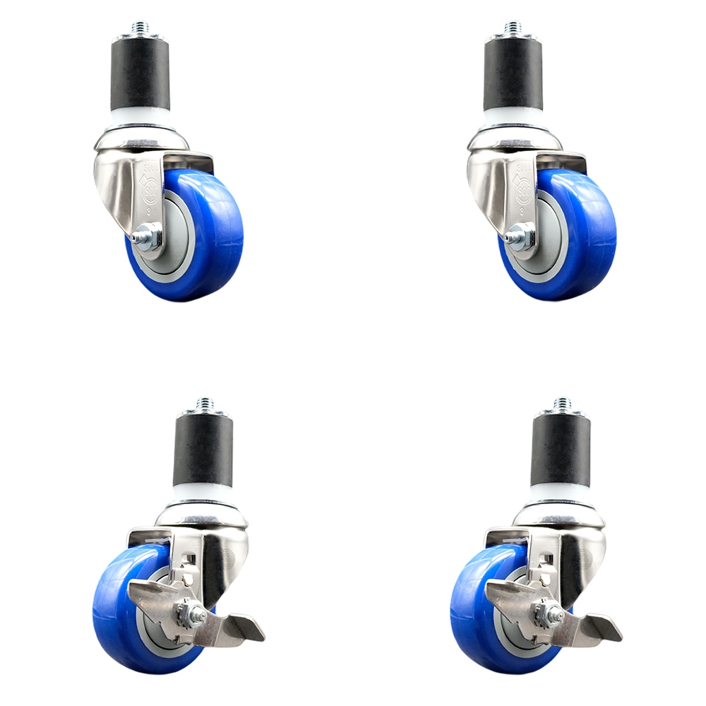 Polyurethane Swivel Stem Caster Set of 4 with 3 Inch Blue Caster Wheels - 1-3/4" Expanding Stems - 316 Stainless Steel Casters-Includes 2 Swivel with Top Lock Brakes and 2 Swivel-Service Caster Brand — photo 1