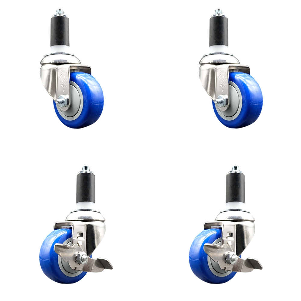 Polyurethane Swivel Stem Caster Set of 4 with 3 Inch Blue Caster Wheels - 1-3/8" Expanding Stems - 316 Stainless Steel Casters-Includes 2 Swivel with Top Lock Brakes and 2 Swivel-Service Caster Brand — photo 1