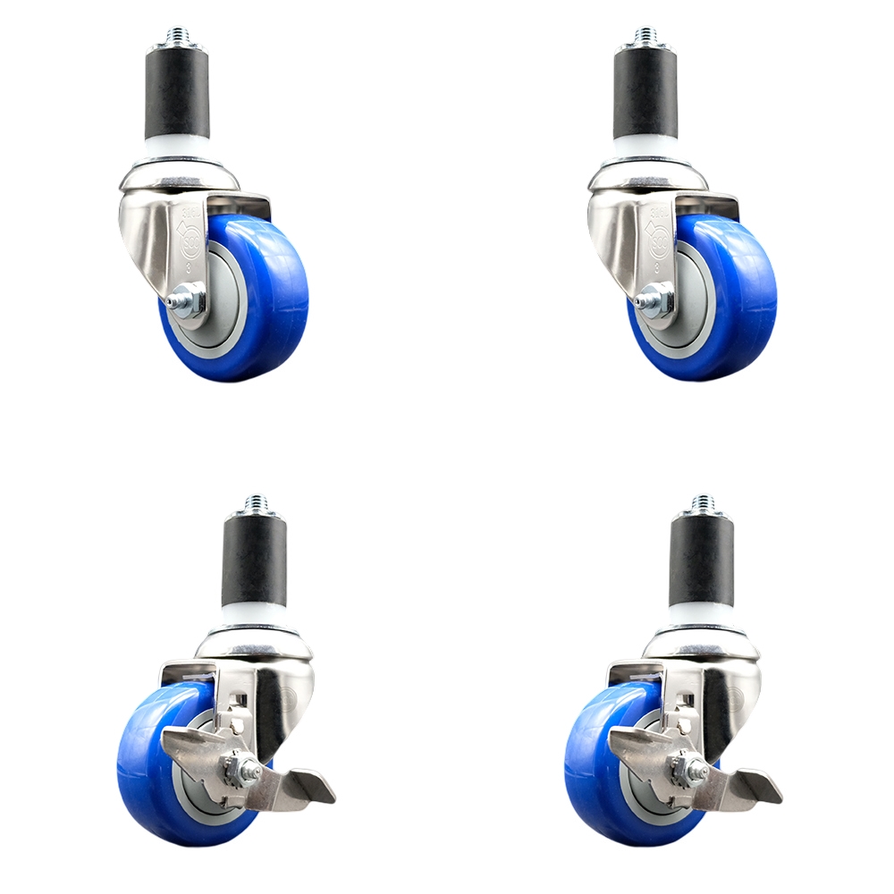 Polyurethane Swivel Stem Caster Set of 4 with 3.5 Inch Blue Caster Wheels - 1-5/8" Expanding Stems-316 Stainless Steel Casters-Includes 2 Swivel with Top Lock Brakes and 2 Swivel-Service Caster Brand — photo 1