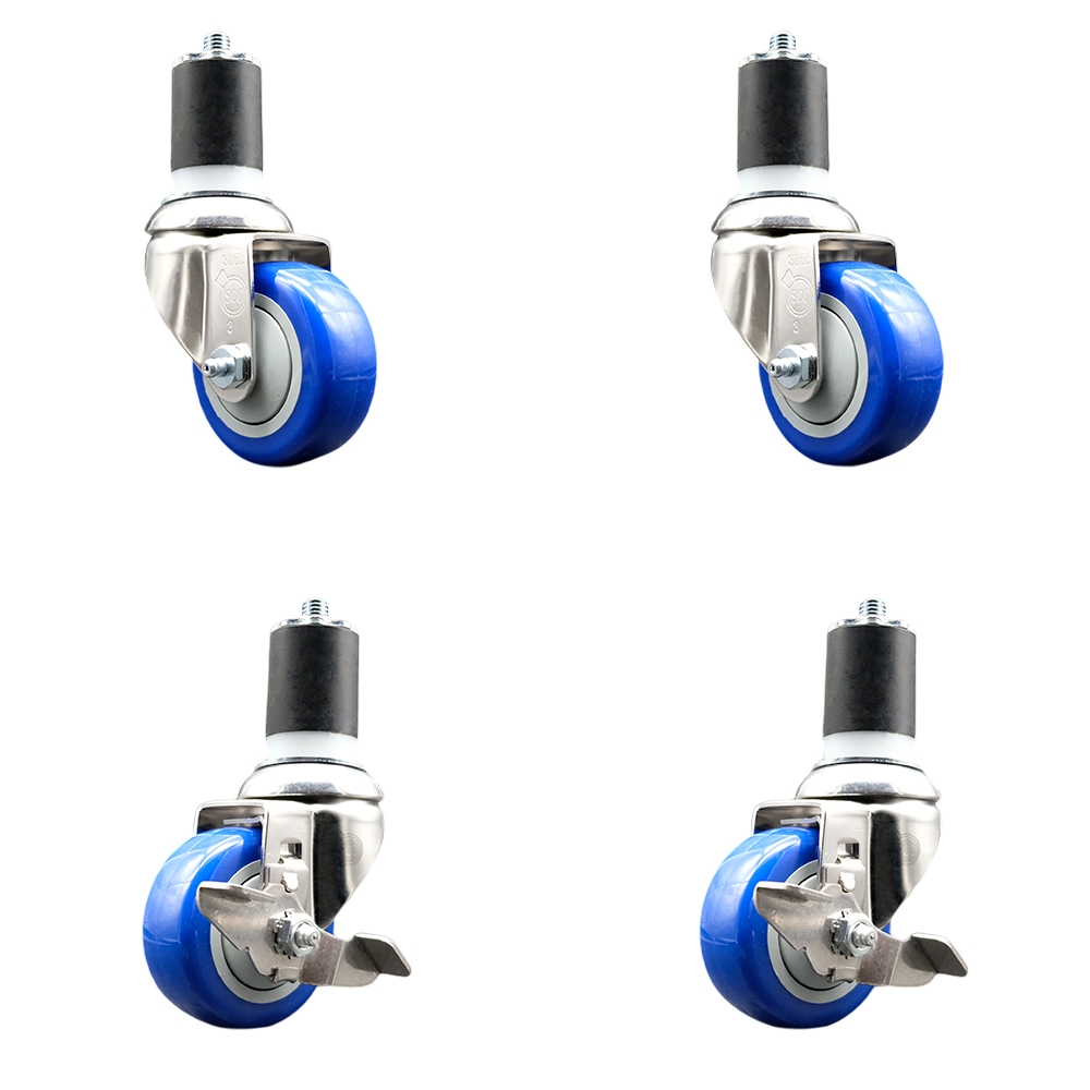 Polyurethane Swivel Stem Caster Set of 4 with 3.5 Inch Blue Caster Wheels - 1-7/8" Expanding Stems-316 Stainless Steel Casters-Includes 2 Swivel with Top Lock Brakes and 2 Swivel-Service Caster Brand — photo 1
