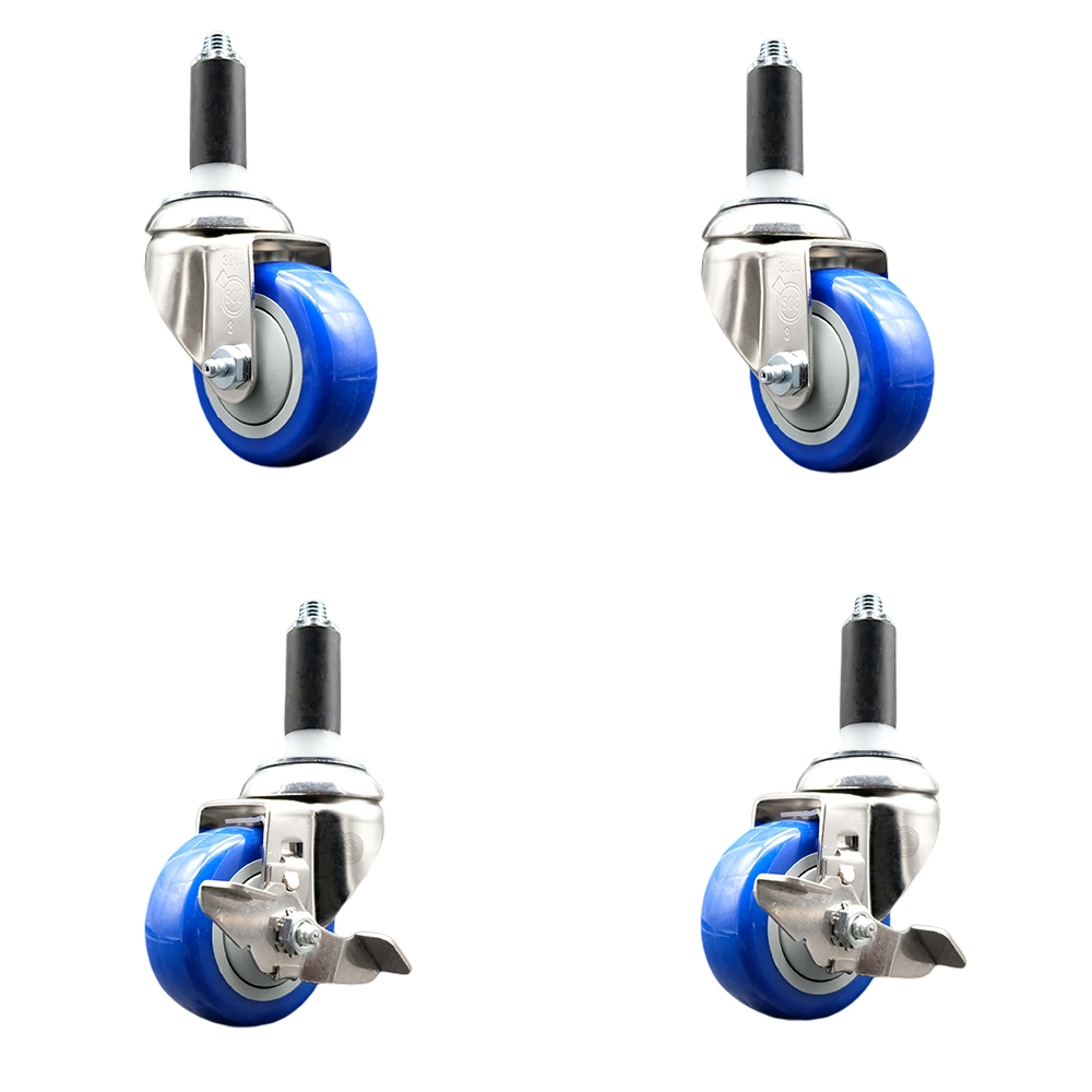 Polyurethane Swivel Stem Caster Set of 4 with 3.5 Inch Blue Caster Wheels - 1" Expanding Stems - 316 Stainless Steel Casters - Includes 2 Swivel with Top Lock Brakes and 2 Swivel-Service Caster Brand — photo 1
