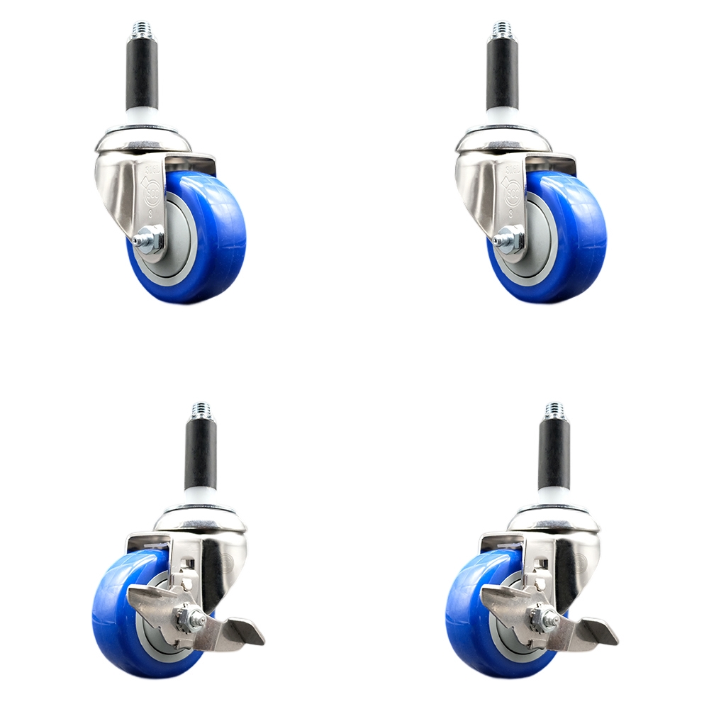 Polyurethane Swivel Stem Caster Set of 4 with 3 Inch Blue Caster Wheels - 3/4" Expanding Stems - 316 Stainless Steel Casters - Includes 2 Swivel with Top Lock Brakes and 2 Swivel-Service Caster Brand — photo 1