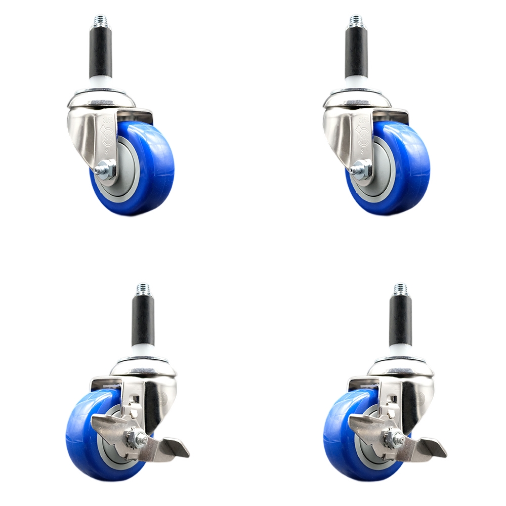Polyurethane Swivel Stem Caster Set of 4 with 3.5 Inch Blue Caster Wheels - 7/8" Expanding Stems - 316 Stainless Steel Casters-Includes 2 Swivel with Top Lock Brakes and 2 Swivel-Service Caster Brand — photo 1