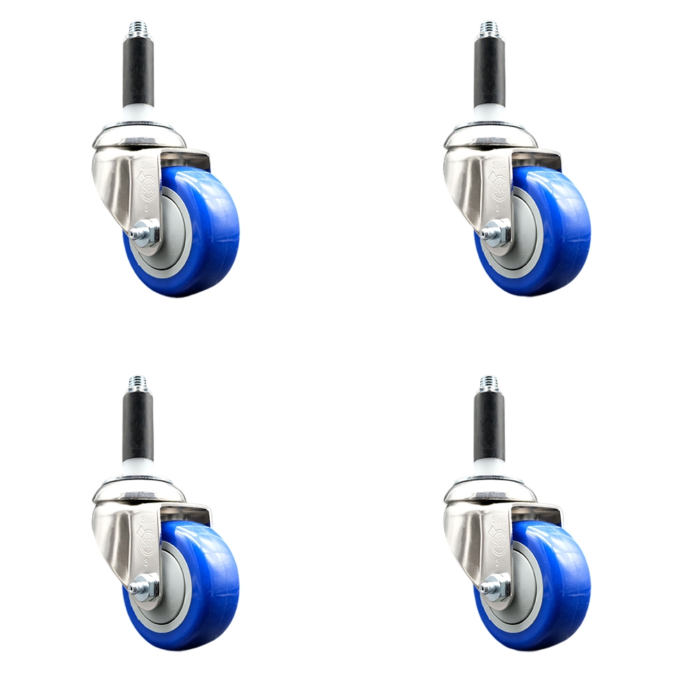 Polyurethane Swivel Stem Caster Set of 4 with 3 Inch Blue Caster Wheels - 7/8" Expanding Stems - 316 Stainless Steel Casters - Includes 4 Swivel Casters - Service Caster Brand — photo 1