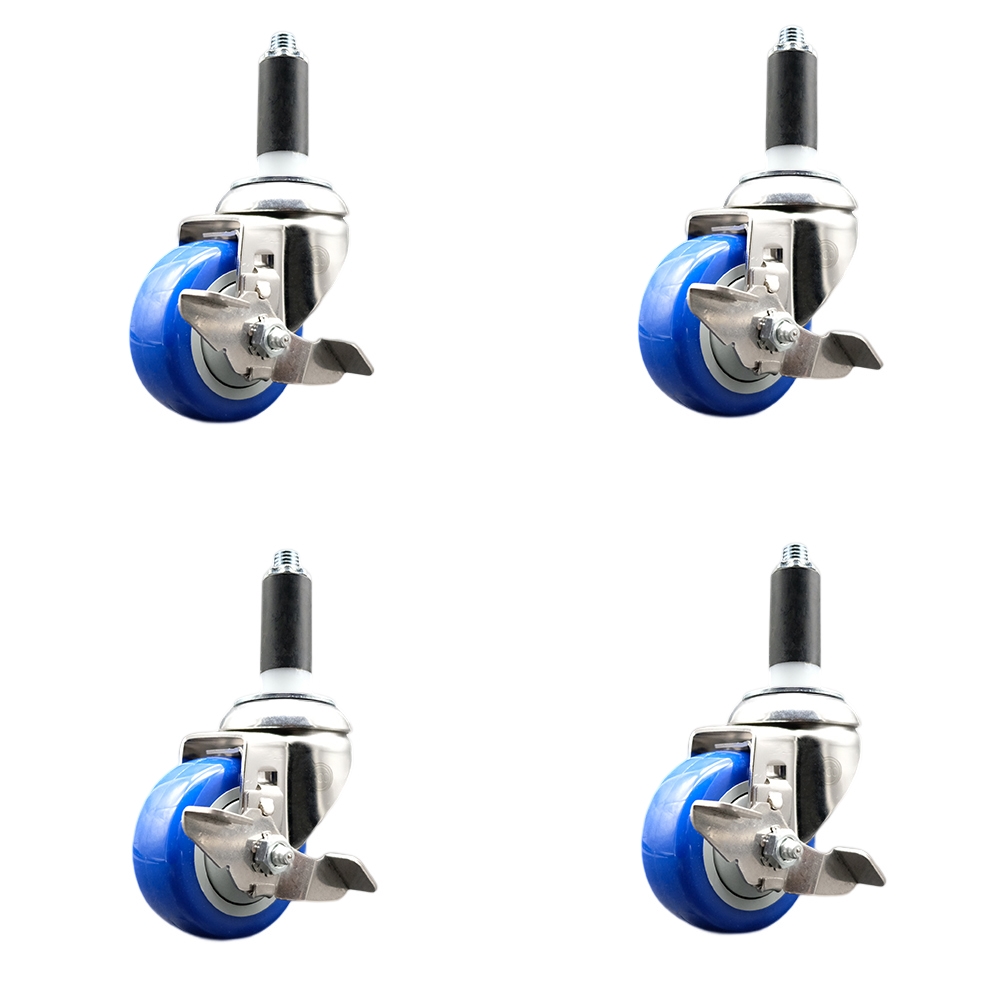 Polyurethane Swivel Stem Caster Set of 4 with 3 Inch Blue Caster Wheels - 1" Expanding Stems - 316 Stainless Steel Casters - Includes 4 Swivel Casters with Top Lock Brakes - Service Caster Brand — photo 1