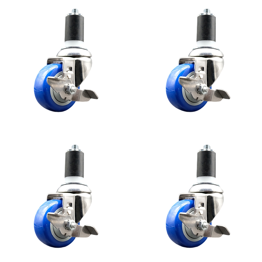 Polyurethane Swivel Stem Caster Set of 4 with 3 Inch Blue Caster Wheels - 1-1/2" Expanding Stems - 316 Stainless Steel Casters - Includes 4 Swivel Casters with Top Lock Brakes - Service Caster Brand — photo 1