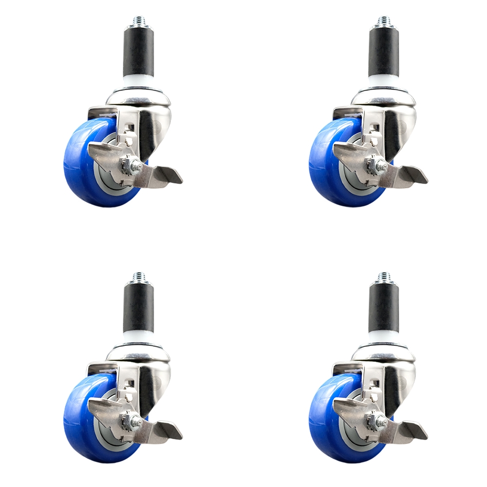 Polyurethane Swivel Stem Caster Set of 4 with 3.5 Inch Blue Caster Wheels - 1-1/4" Expanding Stems - 316 Stainless Steel Casters - Includes 4 Swivel Casters with Top Lock Brakes- Service Caster Brand — photo 1