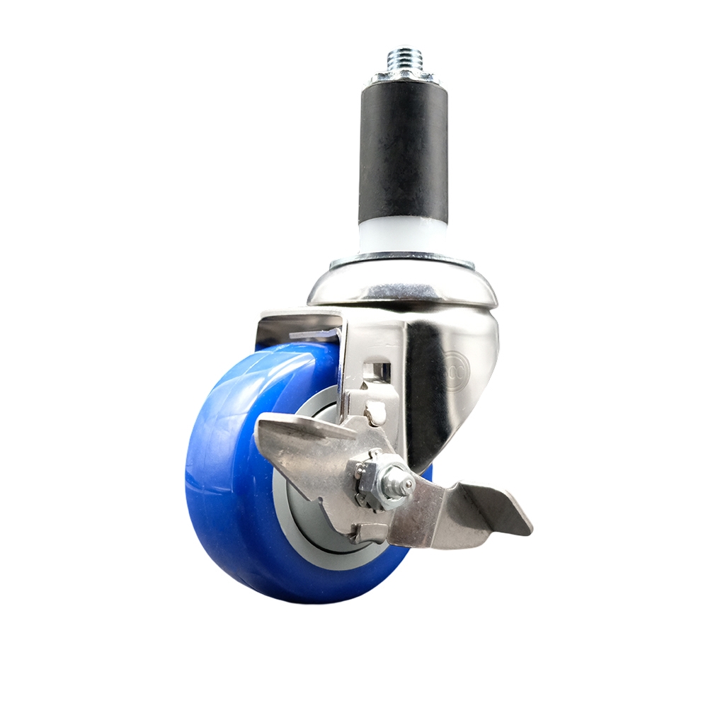 Polyurethane Swivel Stem Caster with 3.5 Inch Blue Caster Wheel and Top Lock Brake - 1-1/4" Expanding Stem - 316 Stainless Steel Caster - 300 lbs. Capacity Per Caster - Service Caster Brand — photo 1