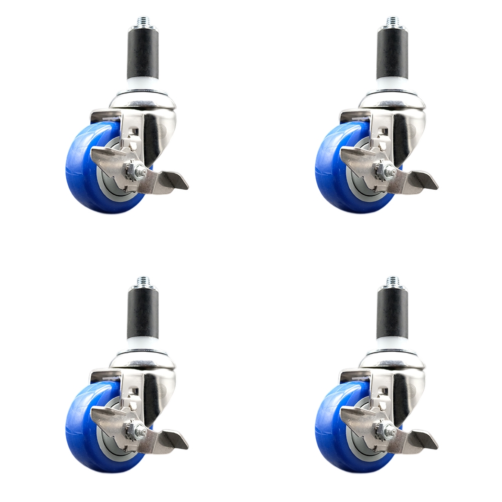 Polyurethane Swivel Stem Caster Set of 4 with 3.5 Inch Blue Caster Wheels - 1-3/8" Expanding Stems - 316 Stainless Steel Casters - Includes 4 Swivel Casters with Top Lock Brakes- Service Caster Brand — photo 1