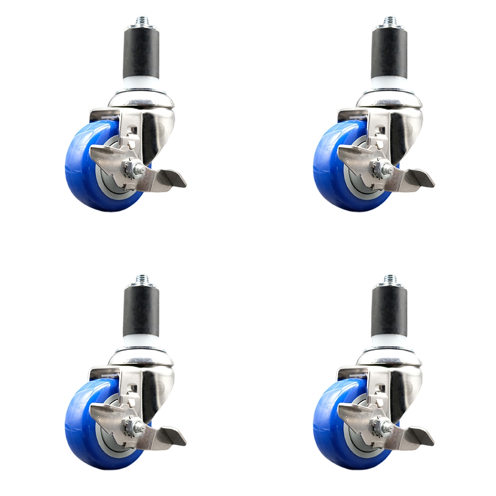 Polyurethane Swivel Stem Caster Set of 4 with 3 Inch Blue Caster Wheels - 1-5/8" Expanding Stems - 316 Stainless Steel Casters - Includes 4 Swivel Casters with Top Lock Brakes - Service Caster Brand — photo 1