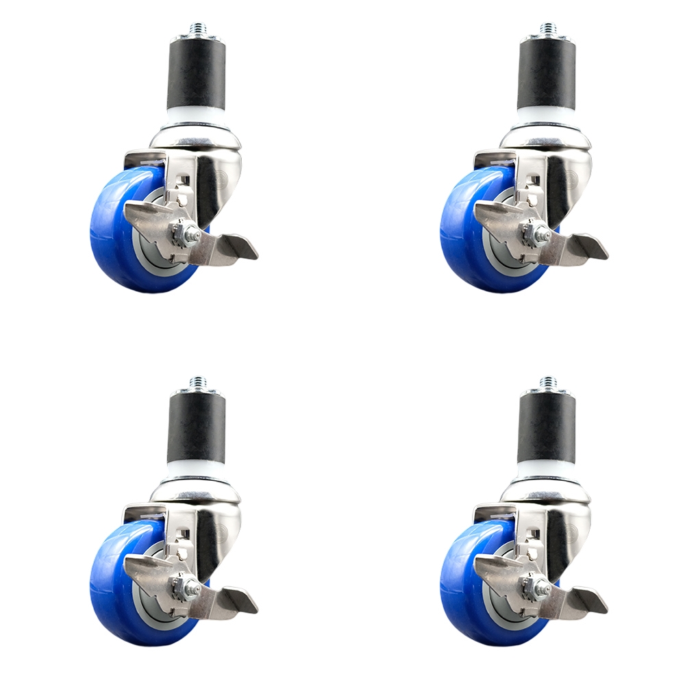 Polyurethane Swivel Stem Caster Set of 4 with 3.5 Inch Blue Caster Wheels - 1-7/8" Expanding Stems - 316 Stainless Steel Casters - Includes 4 Swivel Casters with Top Lock Brakes- Service Caster Brand — photo 1