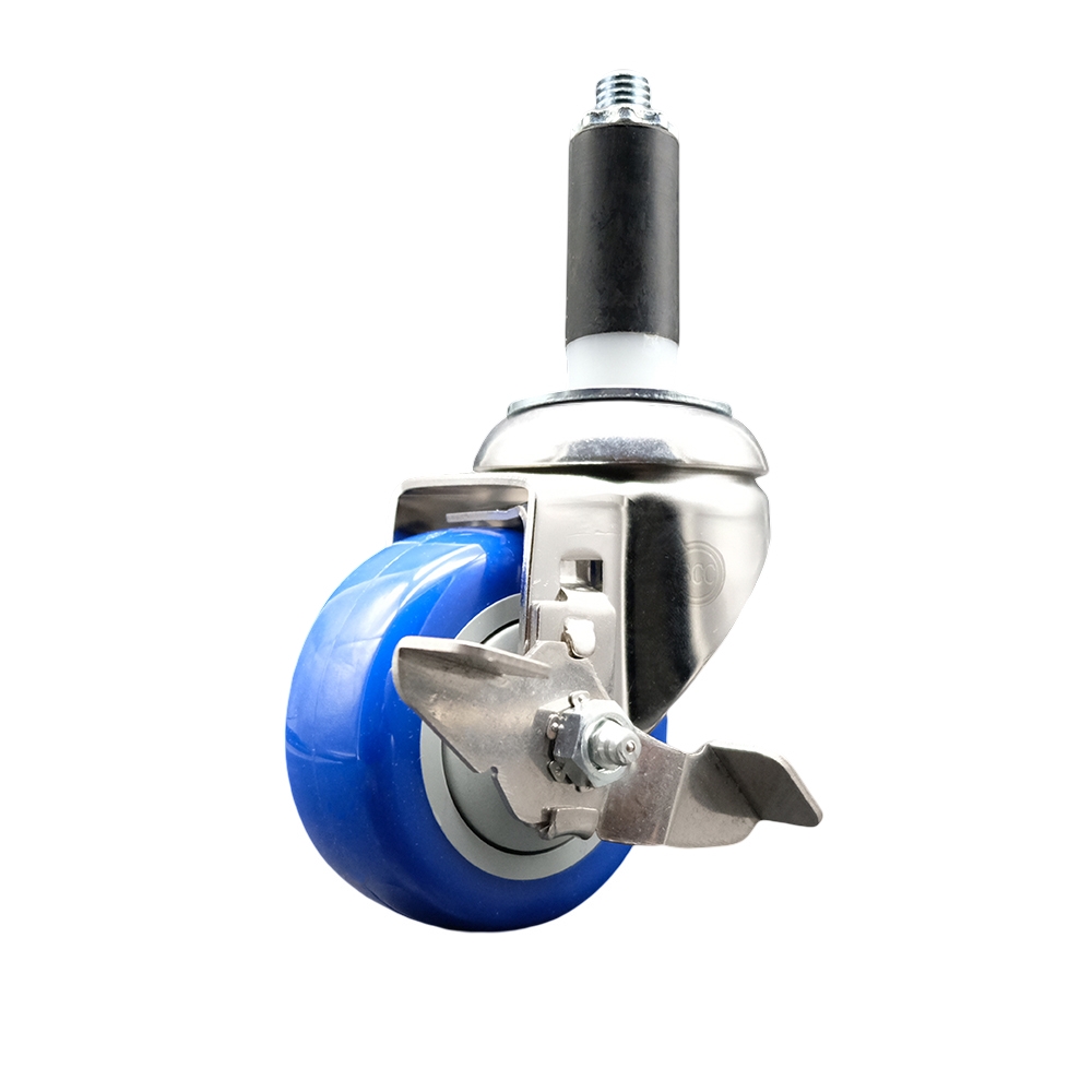 Polyurethane Swivel Stem Caster with 3.5 Inch Blue Caster Wheel and Top Lock Brake - 1" Expanding Stem - 316 Stainless Steel Caster - 300 lbs. Capacity Per Caster - Service Caster Brand — photo 1