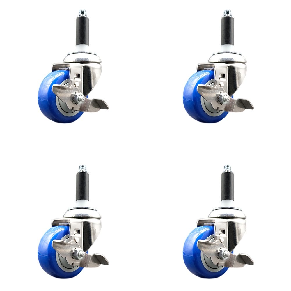 Polyurethane Swivel Stem Caster Set of 4 with 3 Inch Blue Caster Wheels - 3/4" Expanding Stems - 316 Stainless Steel Casters - Includes 4 Swivel Casters with Top Lock Brakes - Service Caster Brand — photo 1