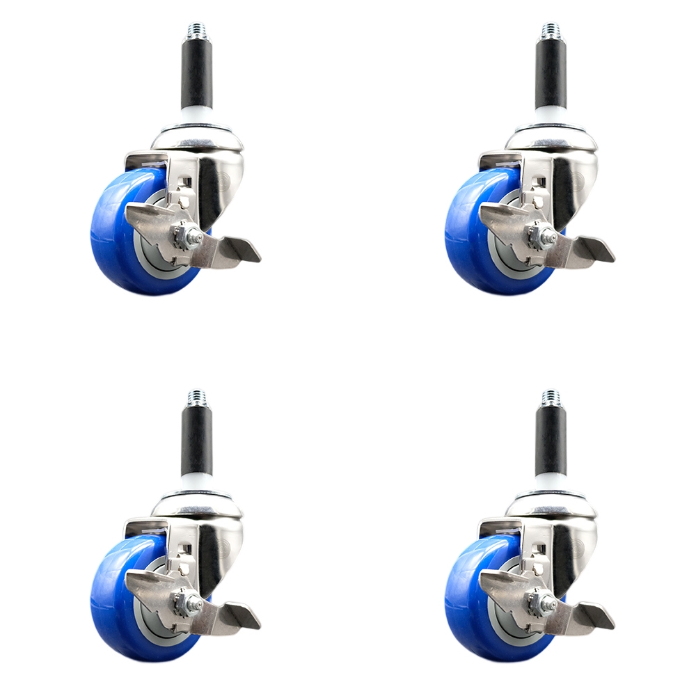 Polyurethane Swivel Stem Caster Set of 4 with 3.5 Inch Blue Caster Wheels - 7/8" Expanding Stems - 316 Stainless Steel Casters - Includes 4 Swivel Casters with Top Lock Brakes - Service Caster Brand — photo 1