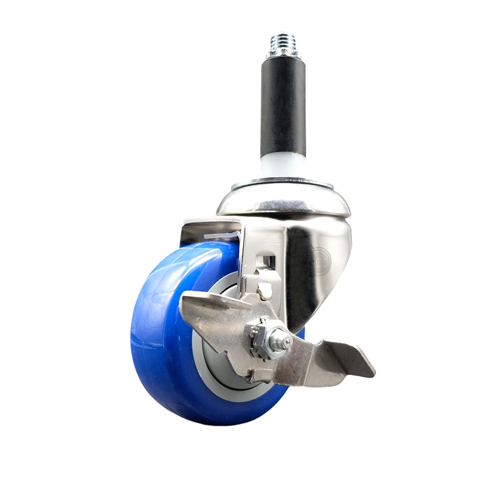 Polyurethane Swivel Stem Caster with 3 Inch Blue Caster Wheel and Top Lock Brake - 7/8" Expanding Stem - 316 Stainless Steel Caster - 300 lbs. Capacity Per Caster - Service Caster Brand — photo 1