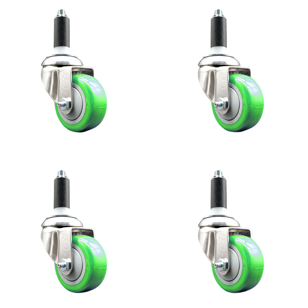 Polyurethane Swivel Stem Caster Set of 4 with 3 Inch Green Caster Wheels - 1-1/8" Expanding Stems - 316 Stainless Steel Casters - Includes 4 Swivel Casters - Service Caster Brand — photo 1