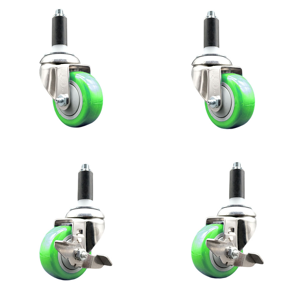 Polyurethane Swivel Stem Caster Set of 4 with 3 Inch Green Caster Wheels - 1" Expanding Stems - 316 Stainless Steel Casters - Includes 2 Swivel with Top Lock Brakes and 2 Swivel - Service Caster Brand — photo 1