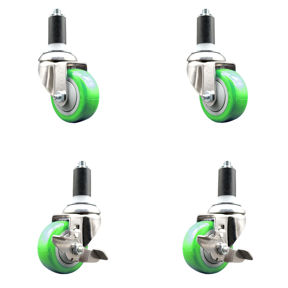 Polyurethane Swivel Stem Caster Set of 4 with 3 Inch Green Caster Wheels - 1-1/4" Expanding Stems - 316 Stainless Steel Casters-Includes 2 Swivel with Top Lock Brakes and 2 Swivel-Service Caster Brand — photo 1