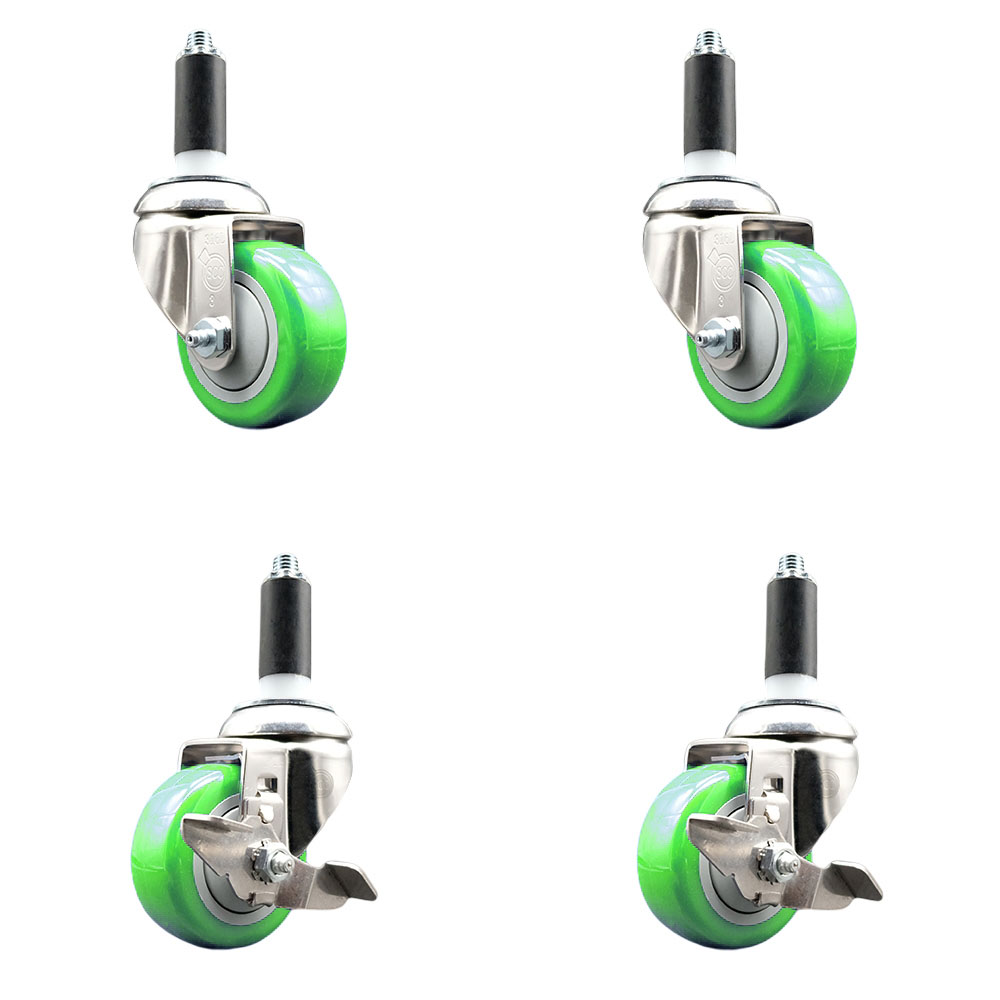 Polyurethane Swivel Stem Caster Set of 4 with 3 Inch Green Caster Wheels - 1-1/8" Expanding Stems - 316 Stainless Steel Casters-Includes 2 Swivel with Top Lock Brakes and 2 Swivel-Service Caster Brand — photo 1