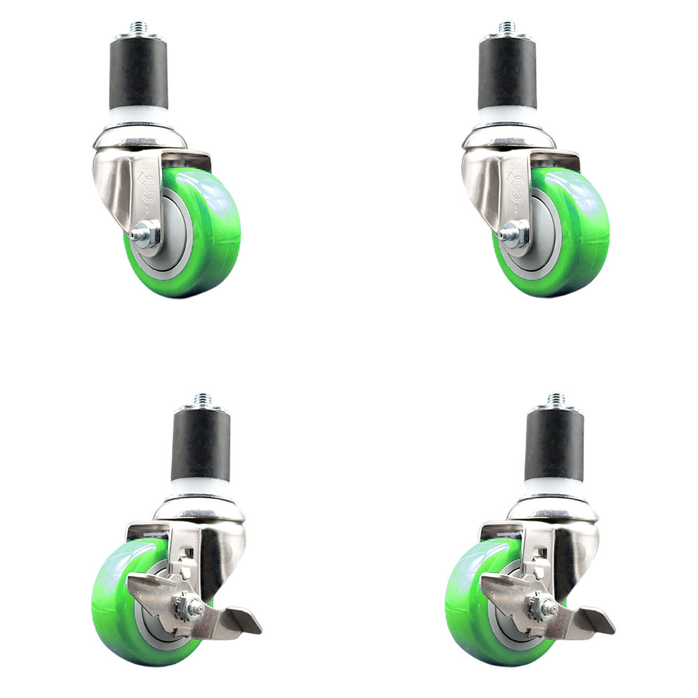 Polyurethane Swivel Stem Caster Set of 4 with 3 Inch Green Caster Wheels - 1-3/4" Expanding Stems - 316 Stainless Steel Casters-Includes 2 Swivel with Top Lock Brakes and 2 Swivel-Service Caster Brand — photo 1