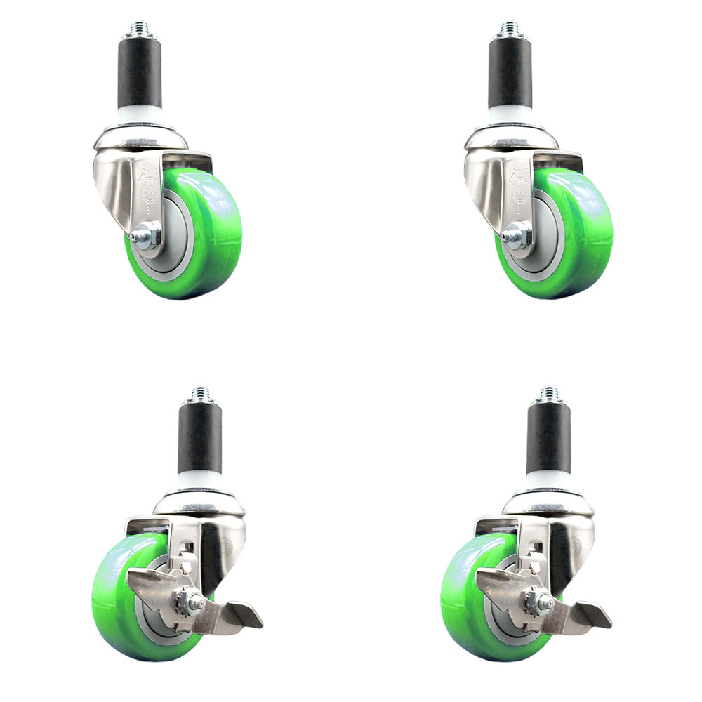 Polyurethane Swivel Stem Caster Set of 4 with 3 Inch Green Caster Wheels - 1-3/8" Expanding Stems - 316 Stainless Steel Casters-Includes 2 Swivel with Top Lock Brakes and 2 Swivel-Service Caster Brand — photo 1